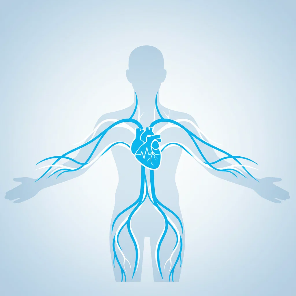 Abstrakt infografik av blodcirkulation - stiliserade blodkärl och hjärta i blå och vit färg utan anatomiska detaljer