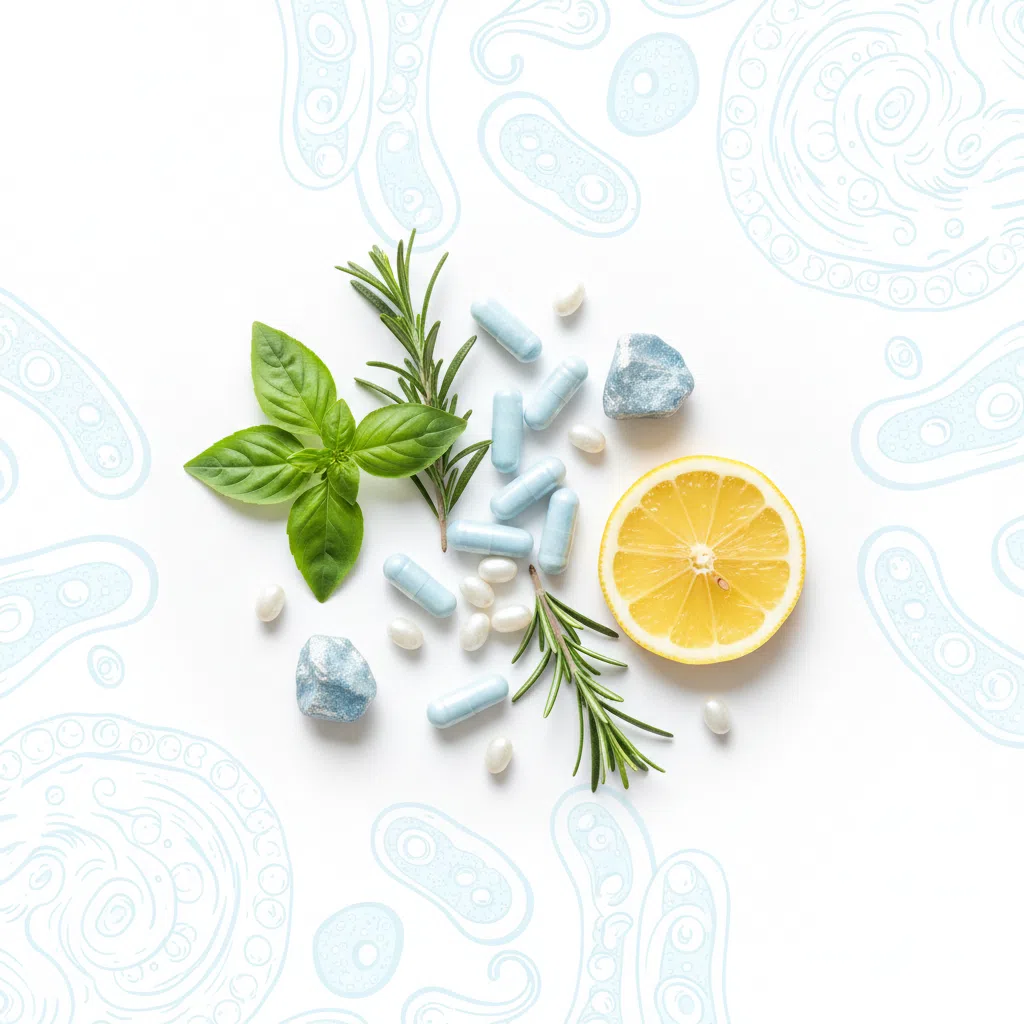 Naturliga ingredienser för kosttillskott - magnesium, selen, probiotika och örter på vit yta
