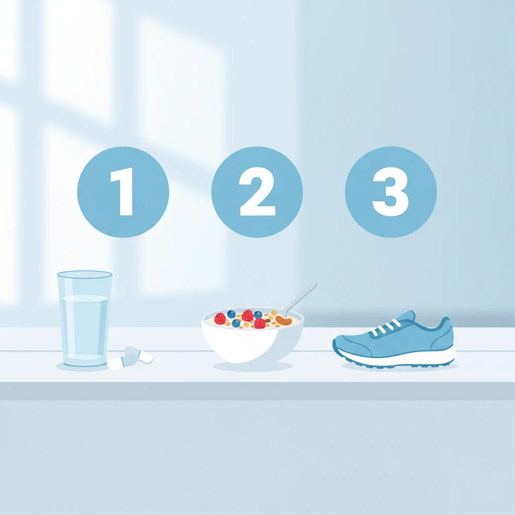 Illustration av daglig morgonrutin - glas vatten, kapslar och frukost i ordnad sekvens